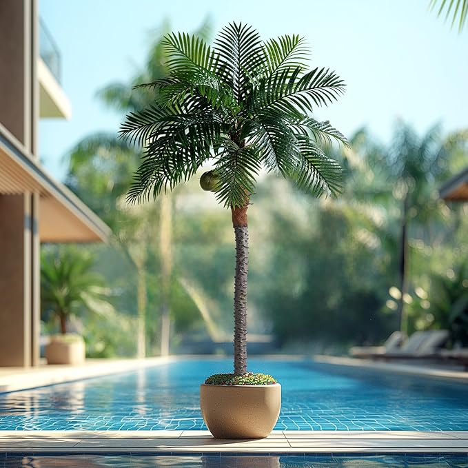 8.2FT Artificial Phoenix Palm Tree with Coconut Fruit Outdoor Indoor Decor Large Faux Coconut Silk Palm Tree Tropical Fake Tree Large Faux Sago Palm Plant for Home Yard Outside Patio Poolside