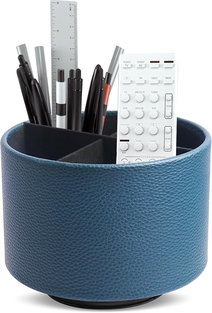 Hennaja Round Leather Art Supply Organizer,Remote Control Holder,360 Degree Spinning,Multi-Functional Pencil Holder,4 Compartments Desktop Stationary Organizer(1-Lichee Green)