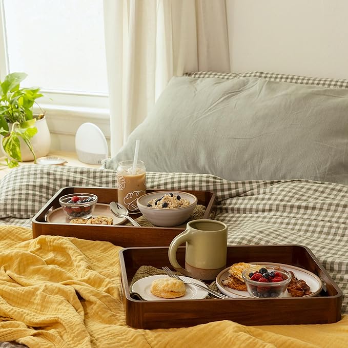 Acacia Wooden Serving Trays with Handles for Eating, Appetizers, Food, Snacks, or Home Decor, Large Wood Bed Tray or TV Tray, Decorative Ottoman or Coffee Table Accessory, 17x13 inch, Set of 2