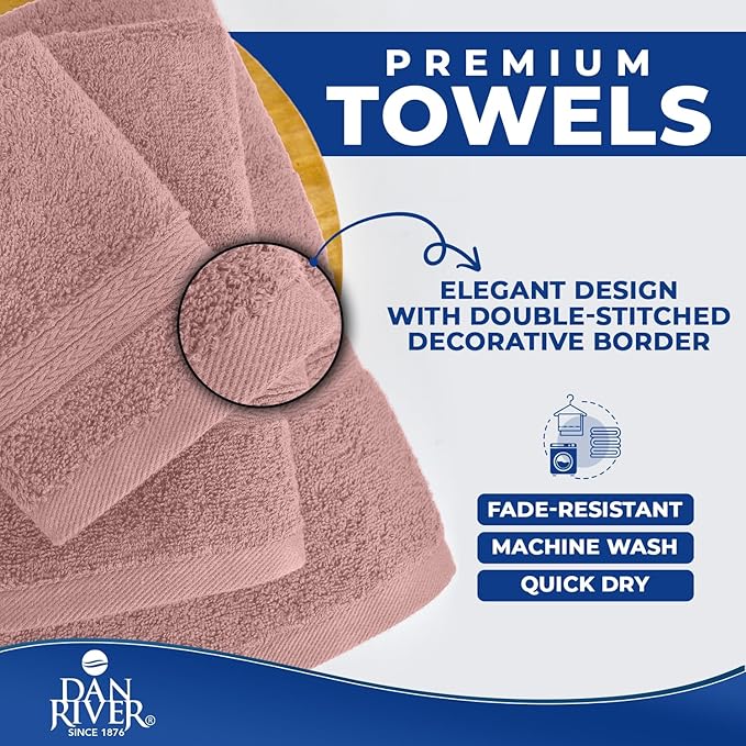 DAN RIVER 8 PC Luxury Bath Towels for Bathroom, 2 Bath, 2 Hand, and 4 Wash Cloths, 600 GSM 100% Ring Spun Cotton Towel Set, Highly Absorbent, Gym, Hotel, and Spa, Dusty Rose