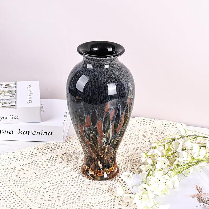 Hand Blown Glass Vase 11.8" Tall Beautiful Amber Blue Sea Wide Mouth Bud Vase for Table Centerpiece, Painted Colorful Murano Glass Flower Vases for - Home Entrance Wedding Center