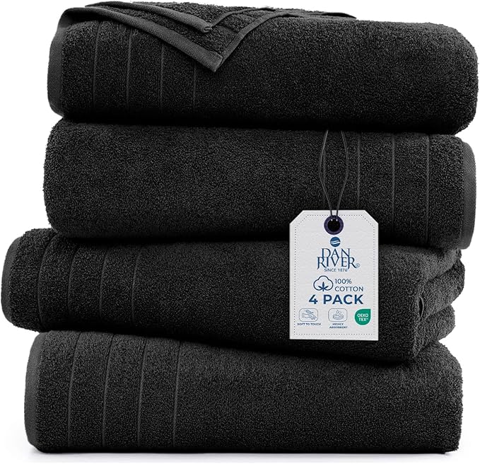 DAN RIVER Bath Towels Set of 4, 30 x 60 Inches, 100% Cotton, Larger & Lighter Weight, Quicker to Dry, Super Soft and Absorbent, Ideal Hotel Towels for Daily Use, Black