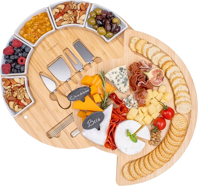 ChefSofi Charcuterie Cheese Board and Platter Set - Made from Bamboo Wood - US Patented 16 inch Cheese Cutting Board and Knife for Entertaining and Serving - 4 Knives - 5 Bowls - 2 Markers - 4 Forks