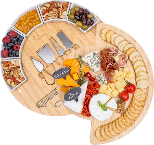 ChefSofi Charcuterie Cheese Board and Platter Set - Made from Bamboo Wood - US Patented 16 inch Cheese Cutting Board and Knife for Entertaining and Serving - 4 Knives - 5 Bowls - 2 Markers - 4 Forks
