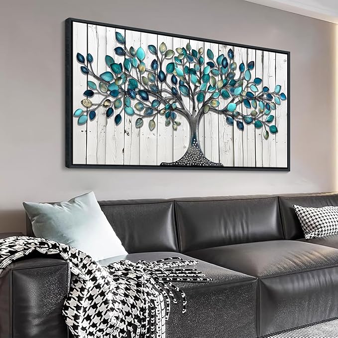CHATYOUNG Wall Art for Living Room - Large Size 48"x24" Framed Paintings Green Tree of Life Grey White Background Modern Pictures Artwork for Bedroom Dining Room Office Kitchen Home Decor