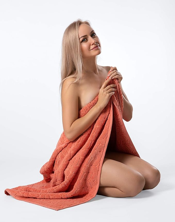 BAGNO MILANO Turkish Bath Towels, Soft Plush Jacquard Luxury Bath Towels, Quick Dry Towel Set (Coral Red, Bath Sheet)