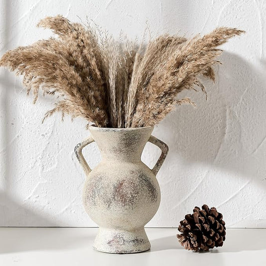 LUKA Antique Ceramic Vase with 2 Handle,9.25 inches Rustic Vase Minimalist Decor, Decorative Vases for Home Decor, Table, Living Room, Shelf, Christmas Decoration(Large,Gray)