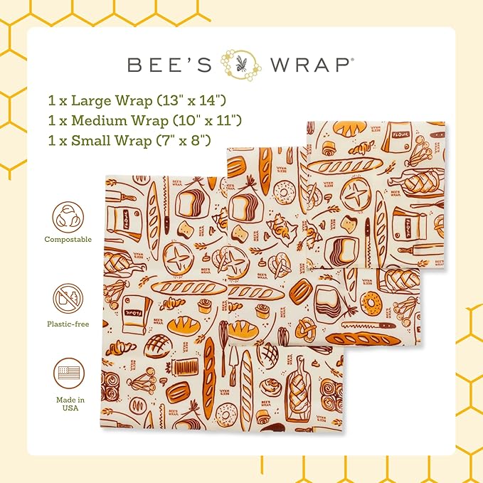 Bee's Wrap Beeswax Wraps for Food - Made in USA Reusable & Organic Food Wraps, Sandwich Wrap & Bowl Covers - Eco-Friendly Alternative to Aluminum Foil & Plastic Wrap, Bakery Lane 3 Pack (S, M, L)