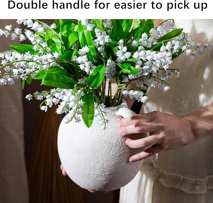 Small Ceramic White Vase - Short Rustic Flower Vases - 6 Inch Christmas Decorative Vase, Vintage Terracotta Vase with Hadle for Home Decor,Living Room Shelf Decor Table, Lyeec