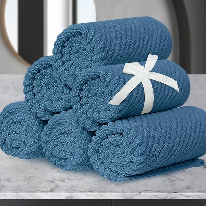 Blue Washcloths 6 Pack, 13"x13" - 100% Cotton | Lightweight | Thick | Quick Dry | Soft | Absorbent, Wash Cloths for Your Face and Body, Hand Towels for Shower, Bathroom Essentials, Denim Blue