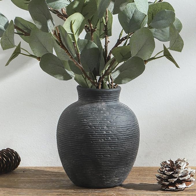Ceramic Flower Vase Home Decor - Small Farmhouse Table Vases Rustic Vintage Living Room Kitchen Bedroom Decorations for House Book Shelf Office Coffee Desk Dining Fireplace (6" Black)