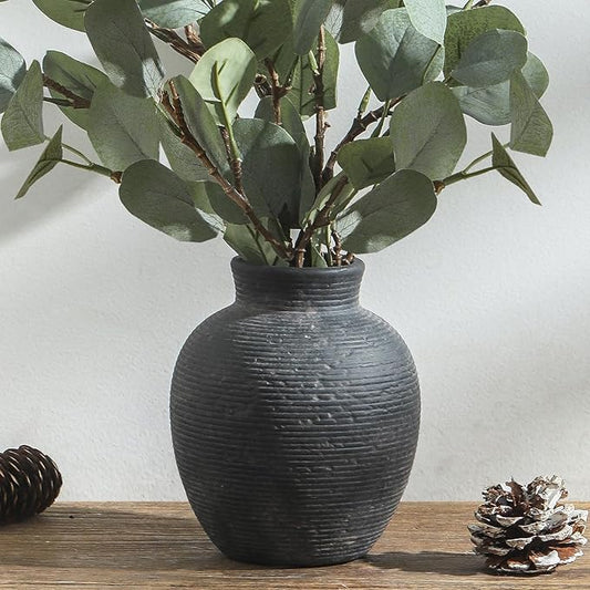 Ceramic Flower Vase Home Decor - Small Farmhouse Table Vases Rustic Vintage Living Room Kitchen Bedroom Decorations for House Book Shelf Office Coffee Desk Dining Fireplace (6" Black)