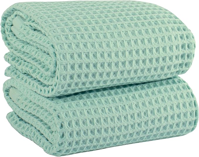 PÜSKÜL Premium Waffle Bath Towels Set of 2 - Organic 100% Turkish Cotton Bath Towel - Quick Dry, Absorbent, Light, Thin, 32x63 Large Waffle Towels for Bathroom (Ice Green Bath Towels - Pack of 2)