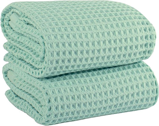 PÜSKÜL Premium Waffle Bath Towels Set of 2 - Organic 100% Turkish Cotton Bath Towel - Quick Dry, Absorbent, Light, Thin, 32x63 Large Waffle Towels for Bathroom (Ice Green Bath Towels - Pack of 2)