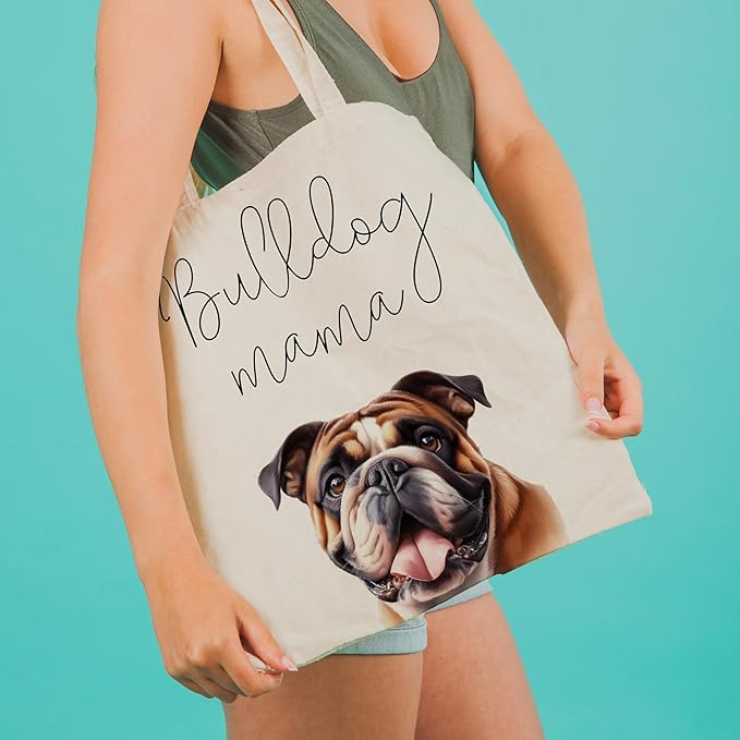 Bulldog Mama Tote Bag – Cute English Bulldog Dog Lover Canvas Bag, Reusable Shopping Shoulder Bag for Women, Pet Mom Gift, Everyday Grocery & Travel Tote.018