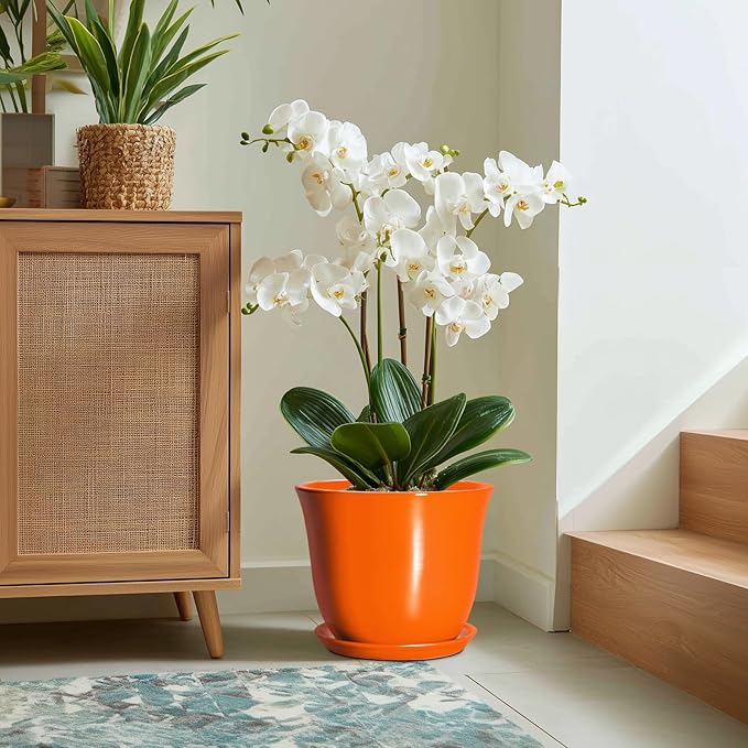 12 Inch Pots for Plants - Ceramic Planters Indoor with Drainage Hole and Saucer, Large Round Planter for Outdoor Plants, Decorative Flower Pot, Garden Decor, Plant Lover Gifts, Orange