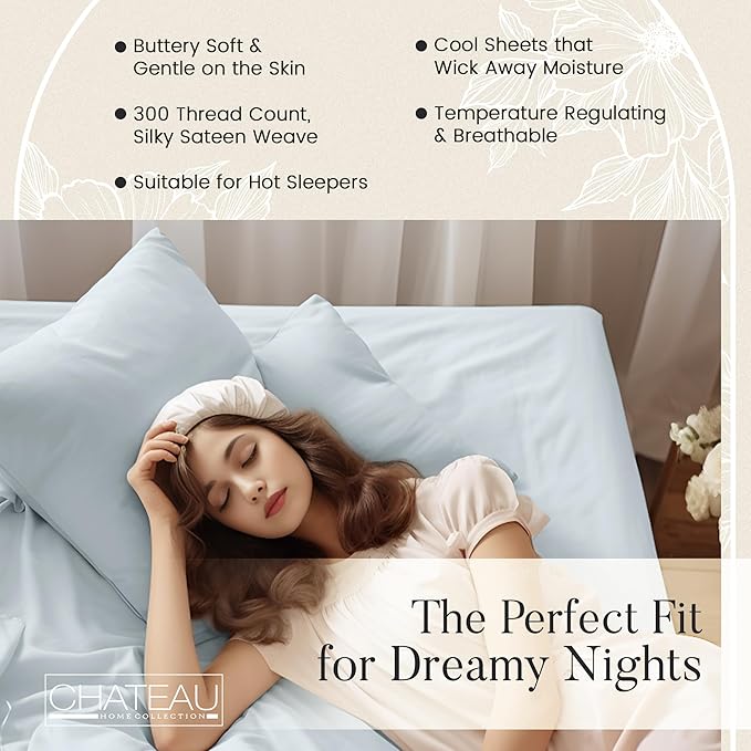 CHATEAU HOME COLLECTION Organic Cotton Sheets Queen Size Bed Set Deep Pockets, 300 TC Cotton Queen Sheet Set, Soft Breathable Elasticated Sheet & Pillowcase Sets, Machine Washable- Light Blue