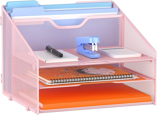 Letter Tray Organizer, Mesh Desk File Organizer with 3 Paper Trays and 2 Vertical Upright Section (Pink)