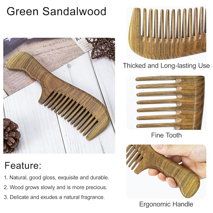 Wooden Hair Comb 3 Pcs, Natural Green Sandalwood Comb for Women and Men, Detangles Wet or Dry Curly, Thin, Thick, Wavy or Straight Hair, Scalp Massager, Anti-static (Medium+ Fine)