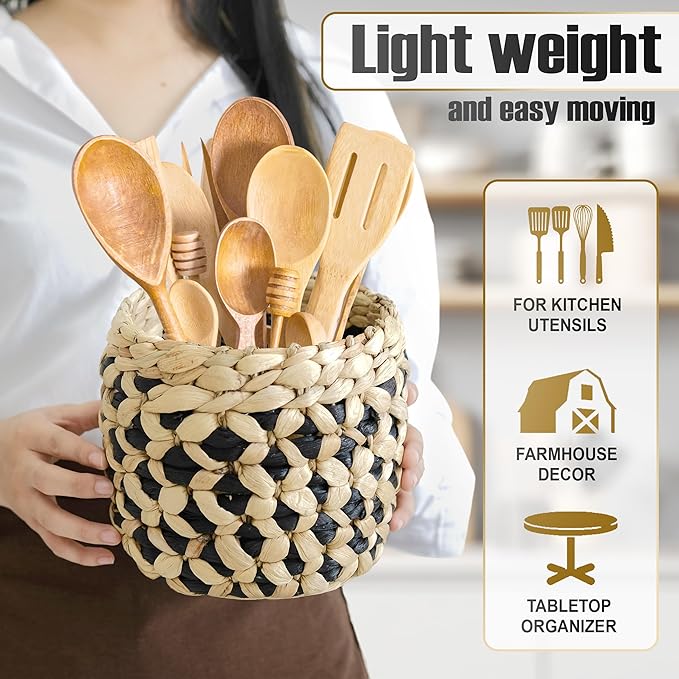 Kitchen Utensil Holder for Countertop – 7.1" Large Utensil Crock for Cooking Tools – Rustic Spatula Holder, Eco-Friendly Utensil Holder Counter – Water Hyacinth Utensils Organizer