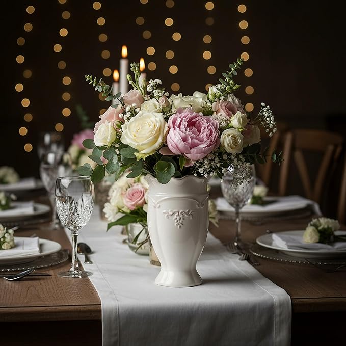 hjn White Ceramic Vase- French Flower Vase for Decor Small Vintage Vases for Flowers/Home Decoration/Kitchen/Table/Living Room/Shelf/Mantel/Office-Height-6.8"