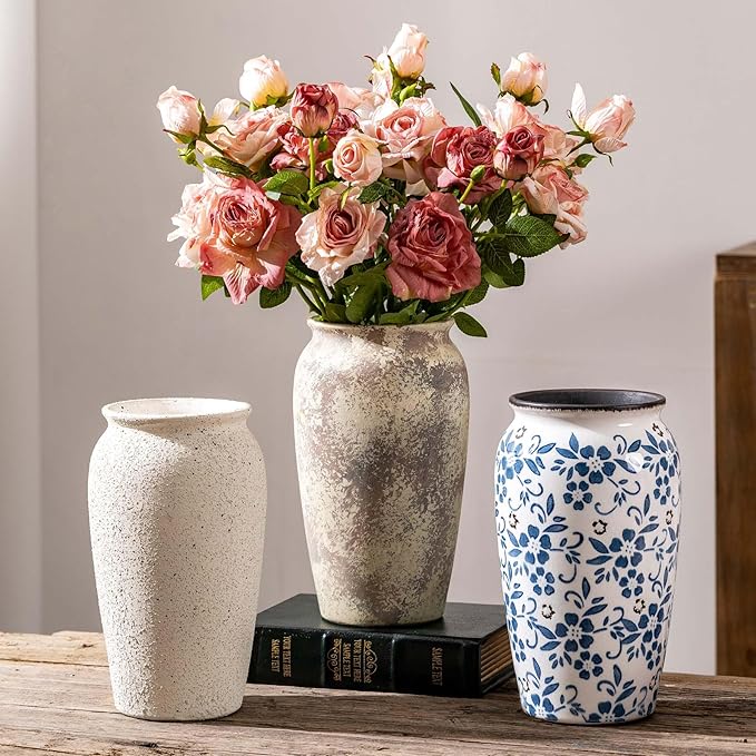 Rustic Farmhouse Flower Large Ceramic Vase, Vintage Pampas Grass Vase, White Modern Decorative Ceramic Flower Vase for Home Decor, Table, Living Room Decoration, Shelf Decor, Mantel, 9.8 Inch