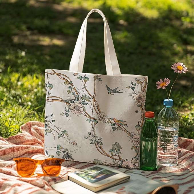 Animals-Flowers-Fruits-Bow Valentines Canvas Heart Tote Bag, Coquette Reusable Shopping Grocery Bags