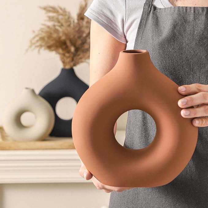 Ceramic Vase Home Table Decor - Flower Vases Set of 3 Small Living Room Centerpiece Decorations for Shelf Bedroom Office Kitchen Dining Desk Modern Aesthetic Farmhouse Decorative (Rust)