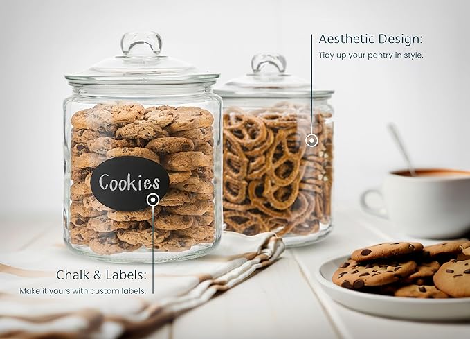 KooK Glass Kitchen Jars, Food & Cookie Storage Containers for Pantry, Bathroom Apothecary Canisters, Airtight Lids, Dishwasher Safe, with Chalk and Labels, 1 Gallon, Set of 2