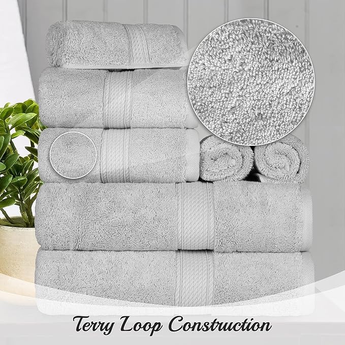 BLUENILEMILLS Madison Egyptian Cotton Towels, Towel Set for Bathroom, Shower, Hotel, Plush, 900 GSM, Highly Absorbent and Ultra-Soft Towels, Bath Essentials, 8 Piece Assorted Towel Set, Silver