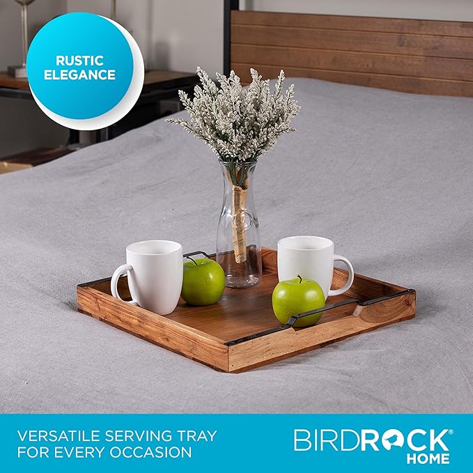 BIRDROCK HOME Wooden Serving Tray with Handles - Farmhouse Decor - Square Top Breakfast Trays - Tea Cheese Board - Coffee Table - Natural Acacia Wood - Kitchen - Bar