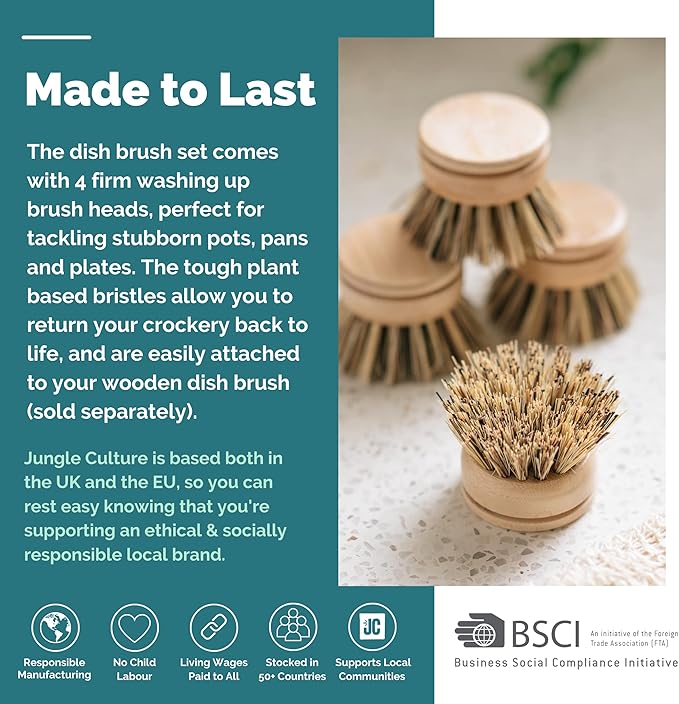 Jungle Culture Dish Brushes or Replacement Brush Heads for Eco Dish Brushes • Wooden Kitchen Washing Up Brush Heads • Interchangeable Bristle Refills • Dish Scrubbers (Firm Replacement Heads)