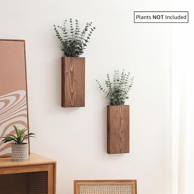 Wood Wall Planter Set of 2, Wood Wall Pocket for Greenery and Dried Flowers, Indoor Hanging Vase, Modern Farmhouse Wall Decor for Living Room Bedroom Office Eucalyptus Stems Decorations (Walnut)