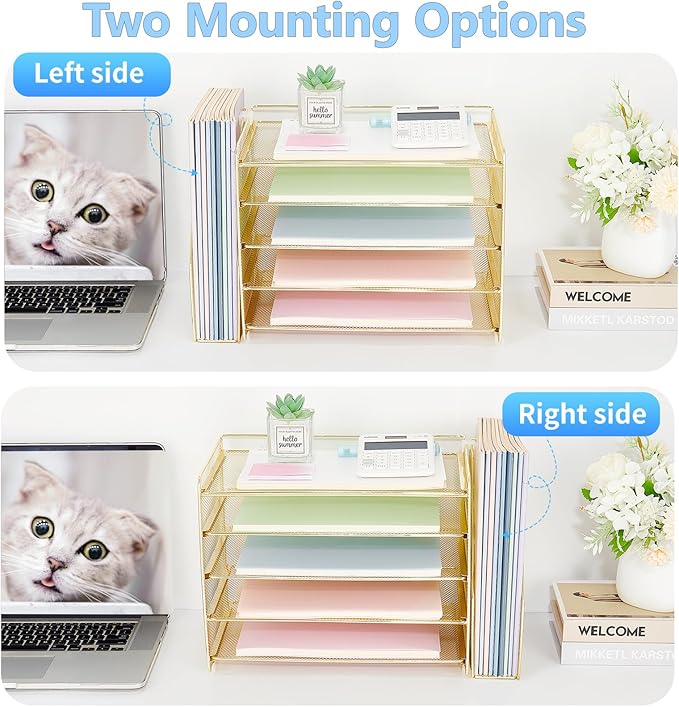 OPNICE 5-Tier Paper Organizer with Magazine Holder, Desk Organizers and Accessories, Office Desk Accessories & Workspace Organizers, Desktop File Organizer for Office Supplies Storage, Gold