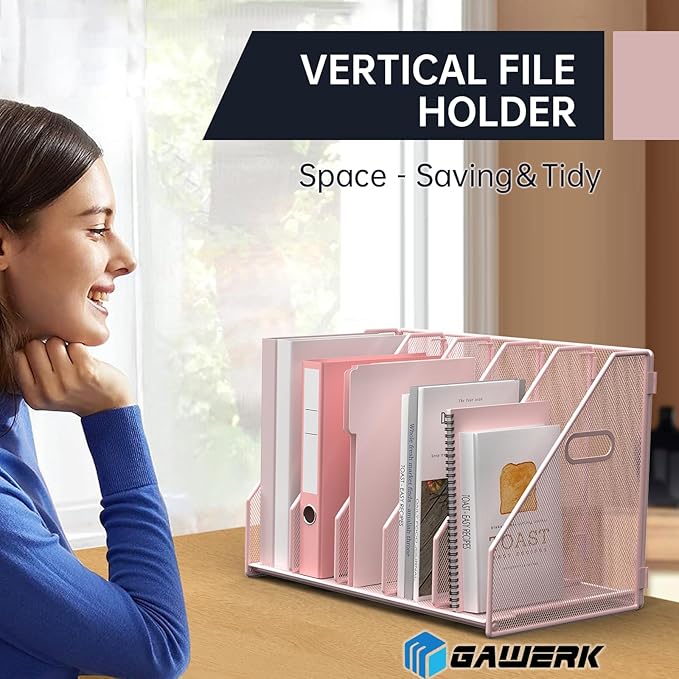 Desk File Organizer Metal Desk Magazine Folder Holder with 5 Vertical Compartments Rack File Organizer for Office, Home, School (Pink)