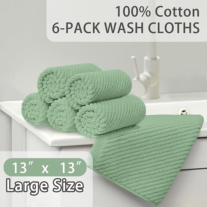 VOOVA & MOVAS Face Towels, 6PC 13"x13" - 100% Cotton | Quick Dry | Thick | Soft | Light Weight | Absorbent, Luxury Face Towels for Bathroom & Showering, Bathroom Decor, Mint Green