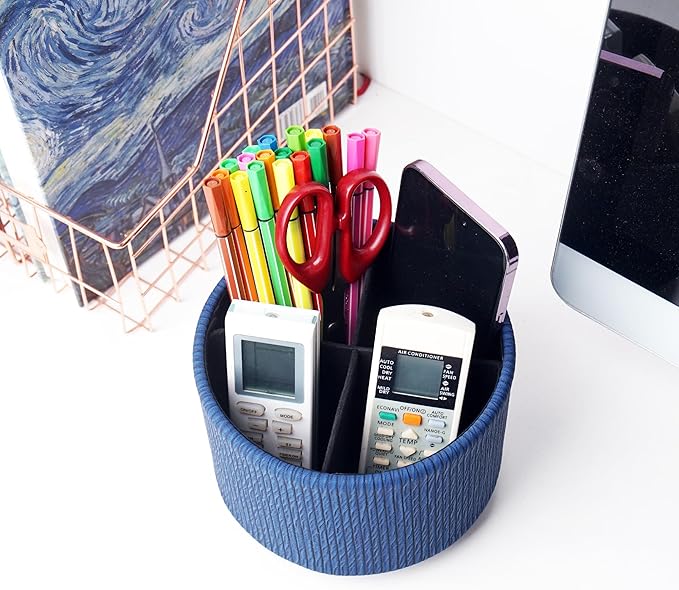Hennaja Round Leather Art Supply Organizer,Remote Control Holder,360 Degree Spinning,Multi-Functional Pencil Holder,4 Compartments Desktop Stationary Organizer(1-Vertical Wood Blue)