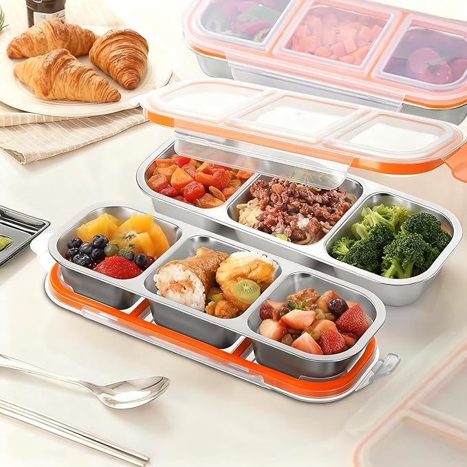 3 Pack Stainless Steel Snack Containers,3 Compartment Reusable stainless steel bento box, Leak Proof Metal Food Storage Containers,Stackable Bento Snack Box for School,Daycare,Work and Travel