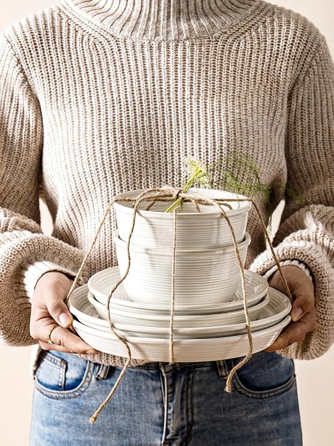 LE TAUCI Dishes Set for 4, Stoneware Plates and Bowls Set, Farmhouse Ceramic Dinnerware, Microwave & Dishwasher Safe, Stackable,12-Piece, Arctic White (10" Dinner+8" Salad Plates+6" Bowls)