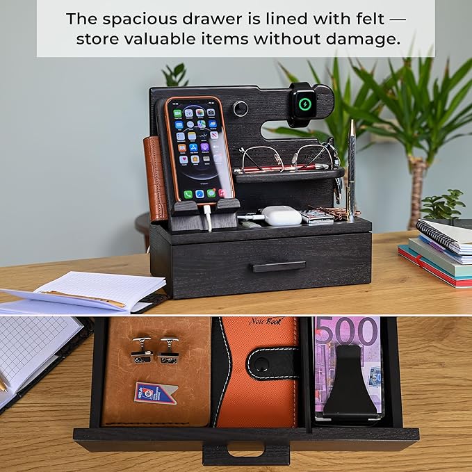 TESLYAR Wood Phone Docking Station with Drawer - Nightstand Organizer - Desk Organizer for Husband - Birthday Gifts for Men, Dad, Anniversary Idea, Key Holder Stand Watch & Accessories (Granite Black)
