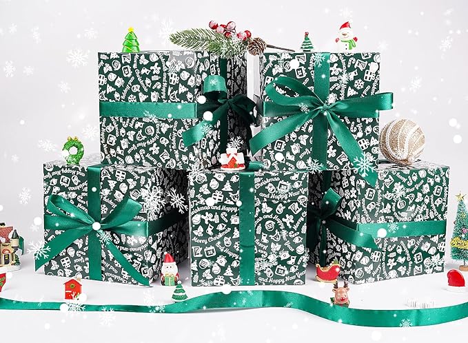 Jaywayang 5 Pack Green Christmas Gift Boxes with Lids, Ribbons and Tissue Papers Square Gift Boxes - 7.1 Inch - Presents Wrapping Christmas Gift Holiday New Year Party Favor Boxes.