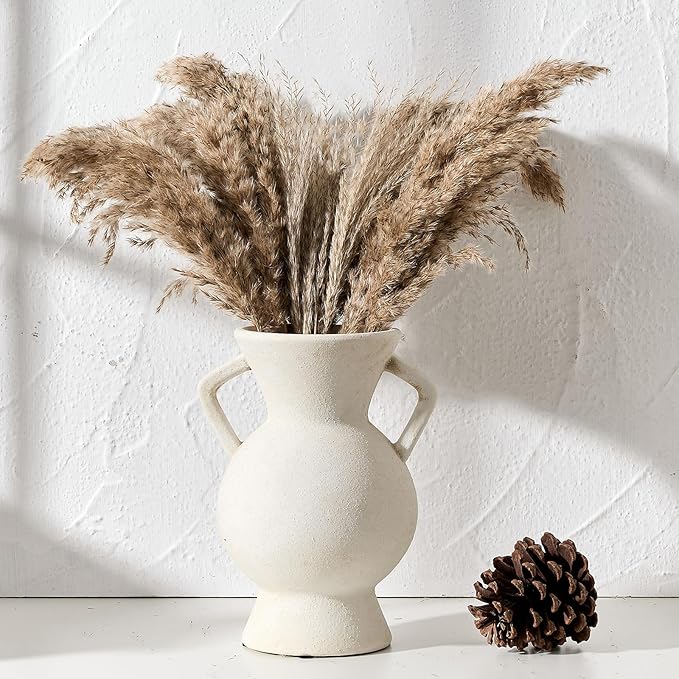 LUKA Antique Ceramic Vase with 2 Handle,9.25 inches Rustic Vase Minimalist Decor, Decorative Vases for Home Decor, Table, Living Room, Shelf, Christmas Decoration(Large,White)