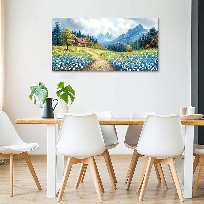 CHATYOUNG Bathroom Canvas Wall Art Paintings, Blue Mountains Wild Flowers Rustic Landscape Prints Wall Pictures Large 20"X40" for Living Room Bedroom Bathroom Home Decor Gift
