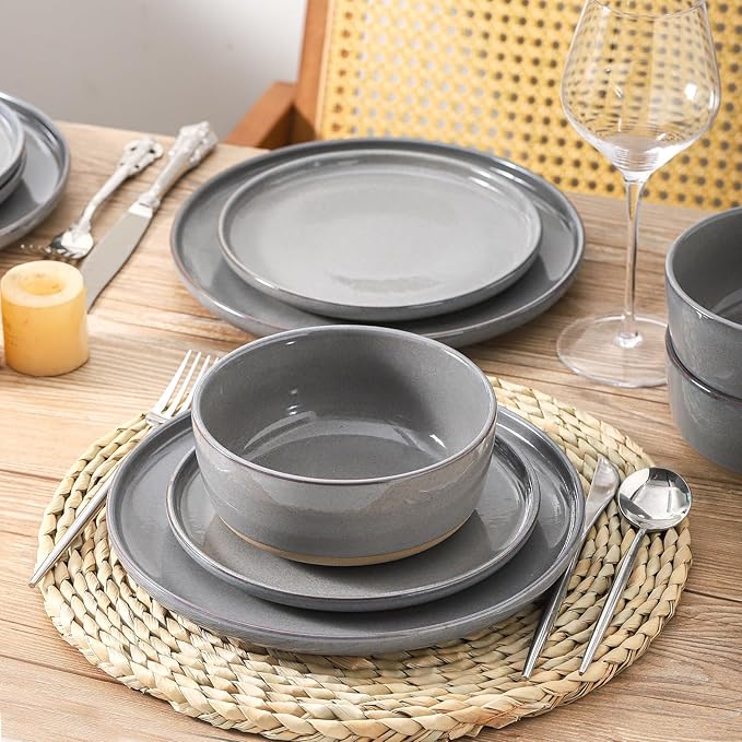 HASENSE Stoneware 18 Pieces Plates and Bowls Sets, Porcelain Dinnerware Sets for 6, Ceramic Dishes Sets with Speckled Pattern, Scratch Resistant Microwave and Dishwasher Safe, Dark Gray