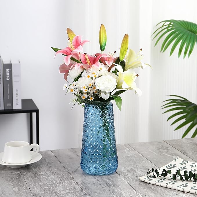 Glass Vase, Blue Flower Vase for Bouquet, Large Glass Vases for Flowers, Modern Vases for Living Room, Bedroom, Dining Table, Office, Kitchen, Wedding, 9 Inches