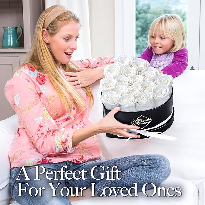 GLAMOUR BOUTIQUE 16 Flower Forever Heart Shape Box - Preserved Roses Gift for Her, Preserved Flowers, White