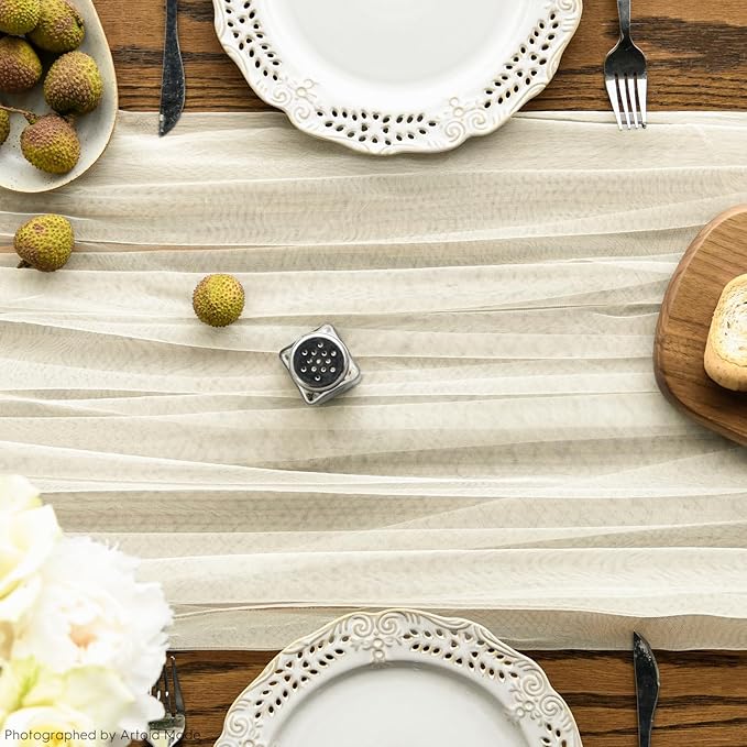 Artoid Mode Beige Gauze Table Runner 120 Inch 10FT, Seasonal Sheer Kitchen Dining Holiday Wedding Birthday Baby Shower Table Decor for Home Party