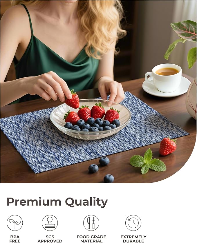 Leetaltree Blue Placemats Set of 8 - Heat Resistant Non-Slip Place mats for Dining Table, Washable Durable PVC Vinyl Woven Table Mats（Blue Zigzag, 8）