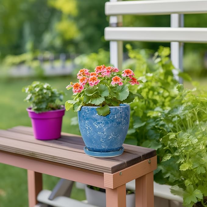6 Inch Ceramic Plant Pot - Ceramic Planters with Drainage Hole and Saucer, Round Decorative Planter, Modern Planters for Indoor Outdoor Plants, Desk Office Decor, Housewarming Gifts, Blue