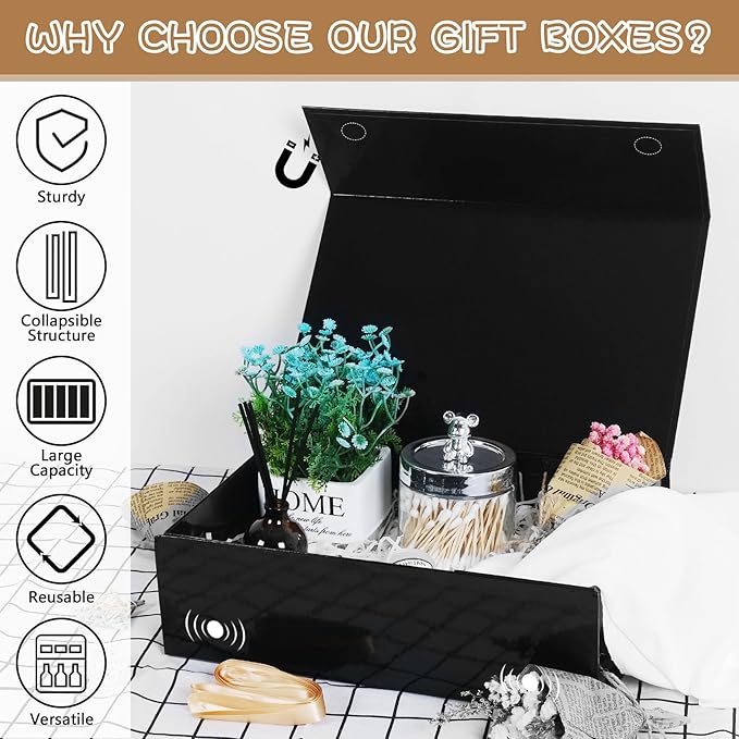 RayofSun Black Gift Boxes with Magnetic Lids for Presents Large Rectangle Collapsible Decorative Boxes13.7x9x4.3inch, Bridesmaid Groomsmen Proposal Box for Wedding, Christmas, Birthday(3PCS)